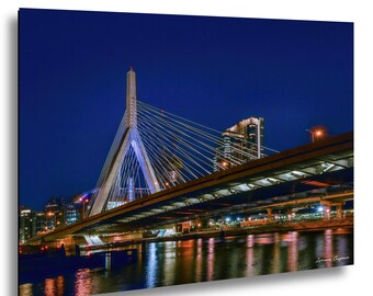 Boston Zakim Bridge foto nattstadslandskapstavla, Leonard P Zakim Bunker Hill Bridge väggkonst, Boston Skyline fotografi