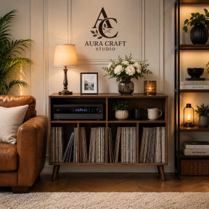 May include: A dark wood media console with six lower cubbies filled with vinyl records, a top shelf holding a black electronic receiver, a small potted plant, two mugs, and a lamp. The wall above features the text AURA CRAFT STUDIO.