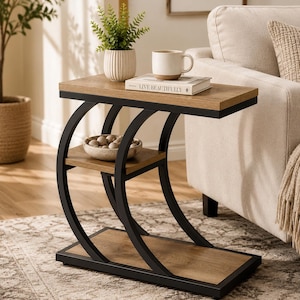 C Shaped End console Table with 3 Tier Storage, Narrow Wood Side Table for Sofa and Bed, Industrial Accent Table for Living Room Bedroom