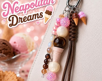 Neapolitan Ice Cream Bag Charm | Handmade Beaded Purse Charm | Cute Kawaii Accessory | Backpack Charm | Ice Cream Lover Gift