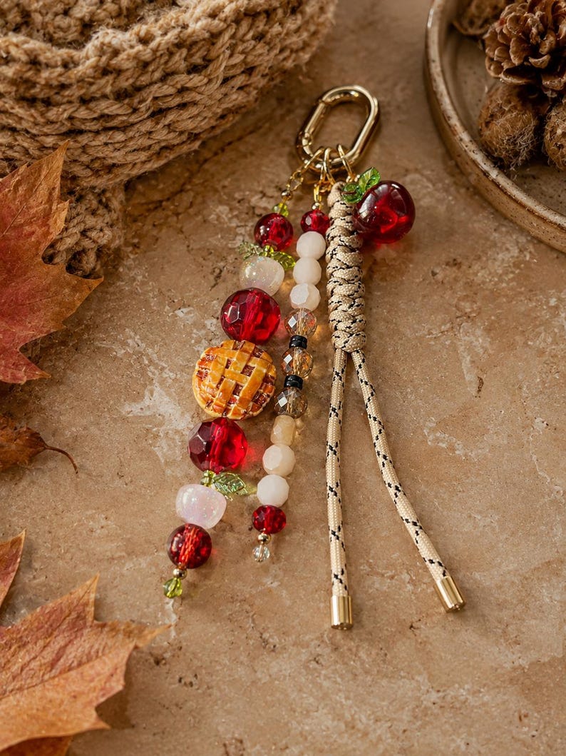 May include: A keychain featuring a gold-toned lobster clasp, a braided beige cord with black accents, and two dangling strands of beads. The beads include red faceted spheres, white spheres, small green leaf charms, and a miniature round pie charm.