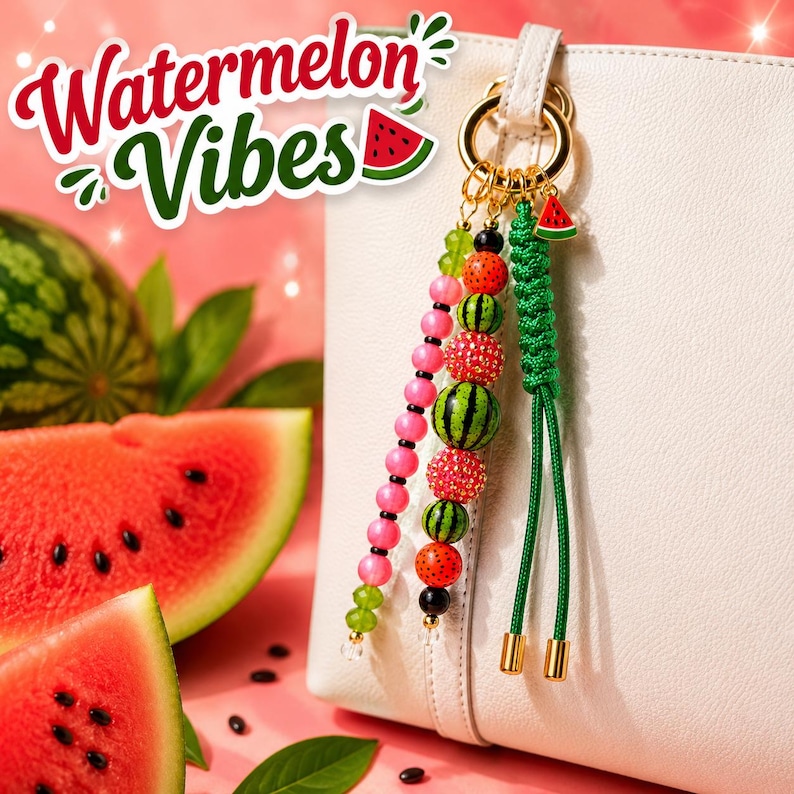 A bag charm featuring a gold-toned ring with dangling strands of pink, green, and black beads, textured watermelon-patterned spheres, and a braided green cord. A small watermelon charm is attached. The text Watermelon Vibes is visible.