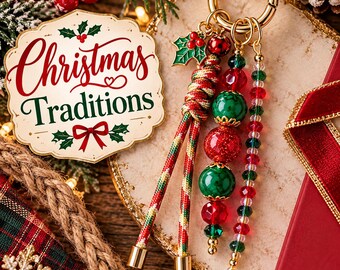 Handmade Christmas Traditions Beaded Bag Charm, Red Green Gold Holiday Accessory