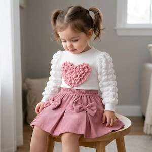 Puede incluir: Una niña pequeña con una camisa blanca de manga larga con un diseño de corazón rosa y una falda de pana rosa con lazos. El conjunto es un conjunto coordinado, perfecto para una ocasión especial o para el día a día.