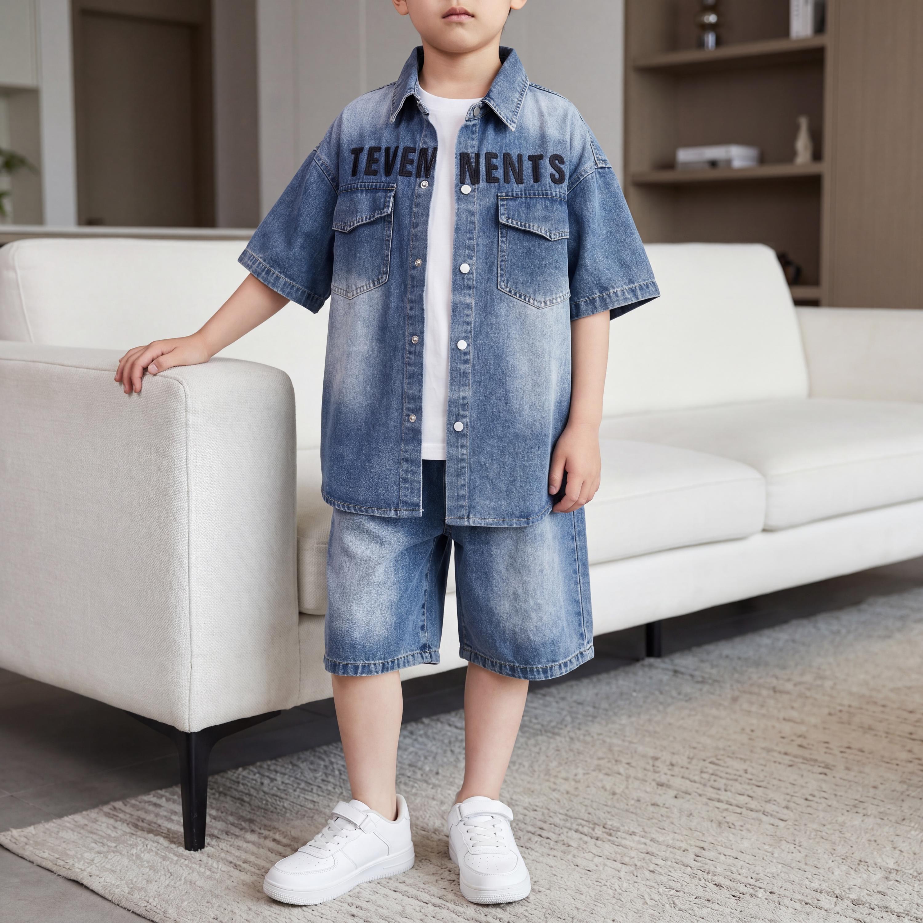 Trendy Boys Denim Summer Outfit Casual Short Sleeve Shirt + Shorts Set Lightweight Toddler Clothes