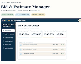 Offline Construction Bid & Estimate Manager, Owner Builder Contractor Bid Comparison and Scope Estimating App