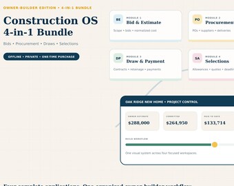 Owner Builder Construction Management Bundle, 4 Offline Apps for Bids, Purchase Orders, Draws and Allowances