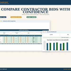 May include: A digital construction planning tool template featuring a Contractor Bid Comparison spreadsheet and a Decision Dashboard with bar charts. The interface includes text labels such as COMPARE CONTRACTOR BIDS WITH CONFIDENCE, COMPARE 4 BIDS, NORMALIZE SCOPE, and SCORE + DECIDE.