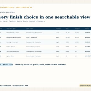 Finish selection register organized by category, room, item, decision date, total cost, deposit and selection status.