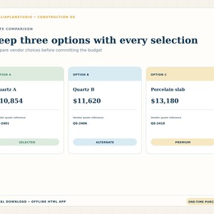 Three vendor quote options for one countertop selection with product choices, prices and the selected alternative.