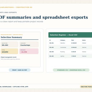 Printable finish selection summary beside a European Excel-style CSV register exported from the Selection and Allowance Manager.