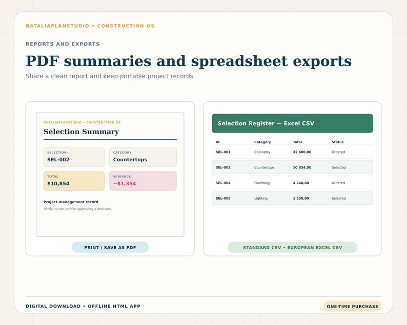 Printable finish selection summary beside a European Excel-style CSV register exported from the Selection and Allowance Manager.
