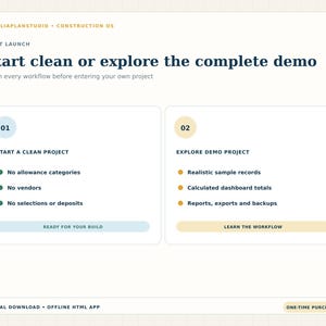 First-launch screen offering a clean construction project workspace or a realistic demo with sample allowances, vendors and selections.