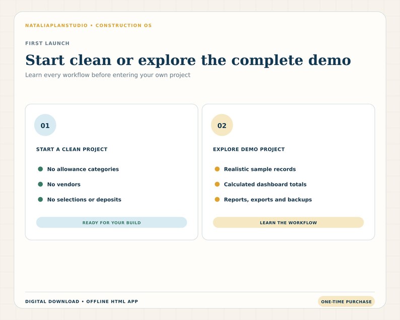 First-launch screen offering a clean construction project workspace or a realistic demo with sample allowances, vendors and selections.