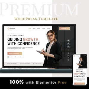 May include: A laptop and smartphone display a website template with the text "GUIDING GROWTH WITH CONFIDENCE." The image features a woman in a blazer holding a notepad. The words "PREMIUM WORDPRESS TEMPLATE" are at the top.