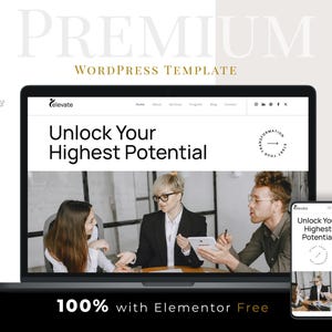 May include: A laptop and smartphone display a website with the text "Unlock Your Highest Potential." The image includes the words "PREMIUM WORDPRESS TEMPLATE" and "100% with Elementor Free."