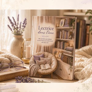 May include: A hardback book titled Lectrice dans l'âme featuring a cover illustration of a cosy reading nook with a rattan chair, pillows, an open book, and a tall bookshelf filled with books, all set against a soft, warm-toned background.
