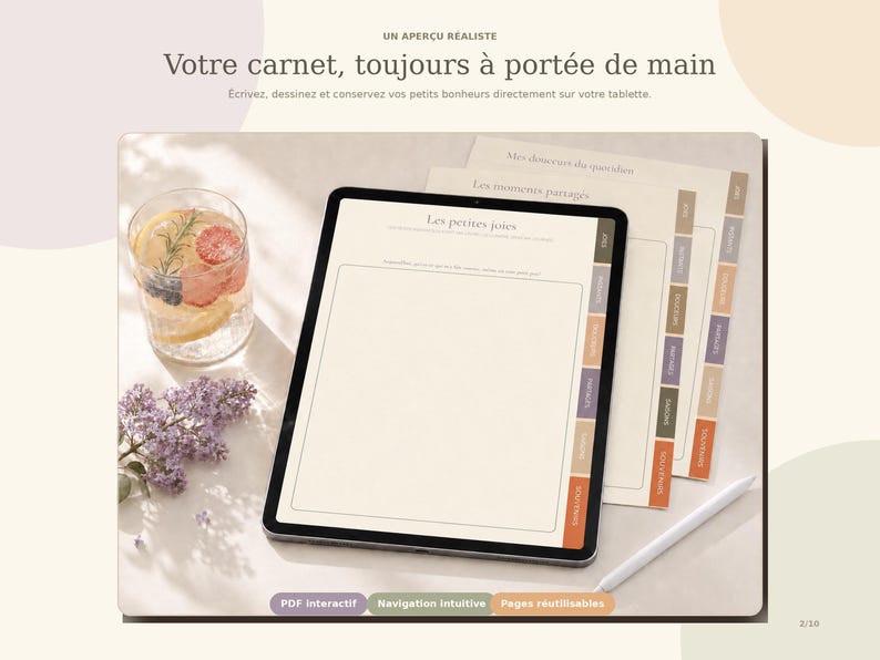 May include: A digital tablet displaying a planner interface with tabbed sections labeled in French, including Les petites joies. The screen shows a blank rectangular writing area. A white stylus rests beside the tablet on a light surface.