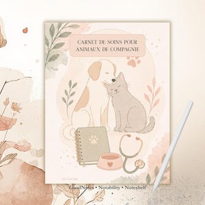 Peut inclure: Une page de planificateur numérique intitulée CARNET DE SOINS POUR ANIMAUX DE COMPAGNIE avec un chien et un chat aux tons clairs, un carnet à spirales avec une empreinte de patte, une gamelle avec un cœur et un stéthoscope, et un stylet blanc.