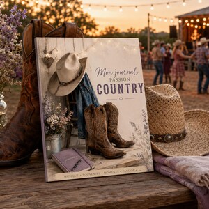 May include: A book titled Mon journal PASSION COUNTRY featuring a cover image of a cowboy hat, brown leather boots, a small notebook, and lavender flowers. The cover includes the text Mon journal PASSION COUNTRY and MUSIQUE SOUVENIRS MOMENTS PASSION.