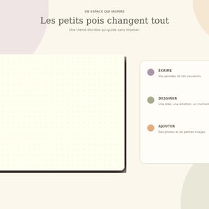 May include: A dot grid notebook page with cream-colored paper. To the right, a white box lists three activities: &Eacute;CRIRE for thoughts, DESSINER for ideas, and AJOUTER for photos. The text reads: UN ESPACE QUI INSPIRE, Les petits pois changent tout.