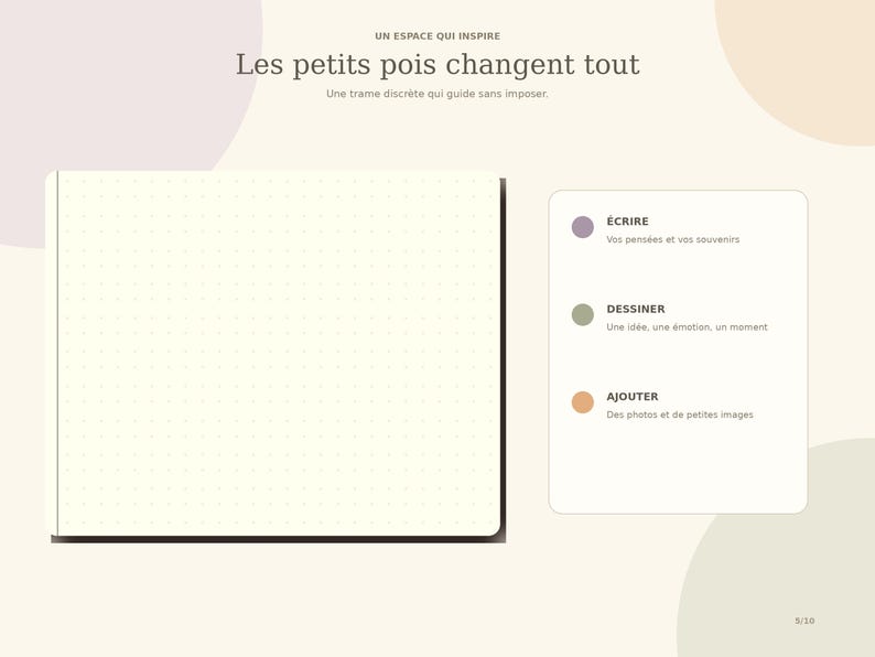 May include: A dot grid notebook page with cream-colored paper. To the right, a white box lists three activities: &Eacute;CRIRE for thoughts, DESSINER for ideas, and AJOUTER for photos. The text reads: UN ESPACE QUI INSPIRE, Les petits pois changent tout.