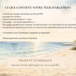 May include: A digital travel journal PDF file featuring a watercolor beach scene background. The text lists 25 color pages, a 6 by 9 inch portrait format, guided pages for memories, and compatibility with GoodNotes, Notability, and Noteshelf apps.