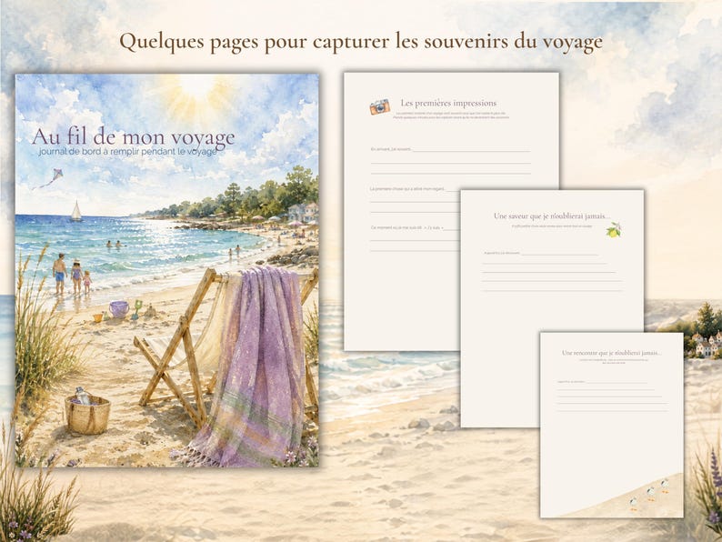 May include: A travel journal featuring a watercolor beach scene on the cover with a wooden deck chair and a purple throw blanket. The journal includes interior pages with French text headings like Les premi&egrave;res impressions and lined sections.