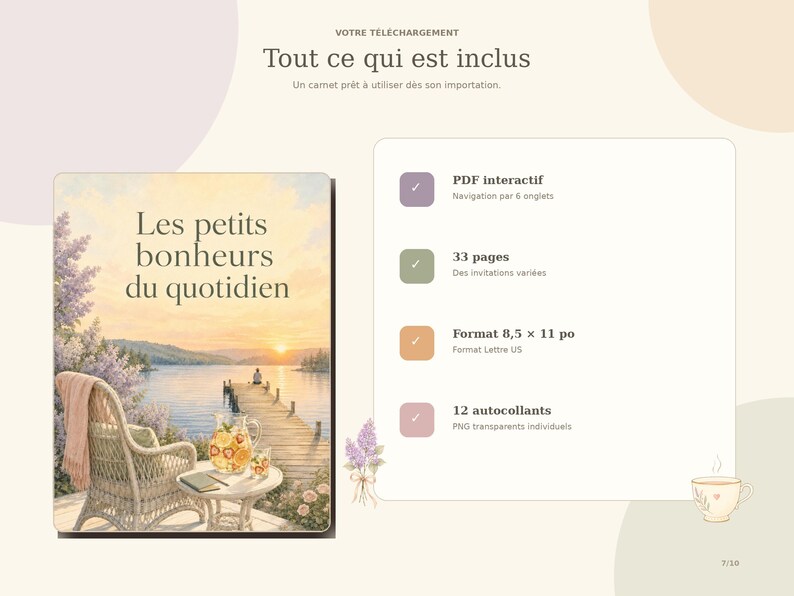 May include: A digital planner titled Les petits bonheurs du quotidien featuring a lake landscape with a wicker chair and table. The list includes an interactive PDF with 6 tabs, 33 pages, 8.5 x 11 inch format, and 12 individual transparent PNG stickers.