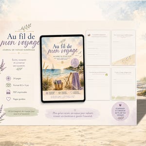 May include: A digital travel journal titled Au fil de mon voyage displayed on a tablet screen, featuring a beach scene with a sailboat, a chair, and a blanket. The layout includes four blank lined pages for notes and icons indicating 24 pages.