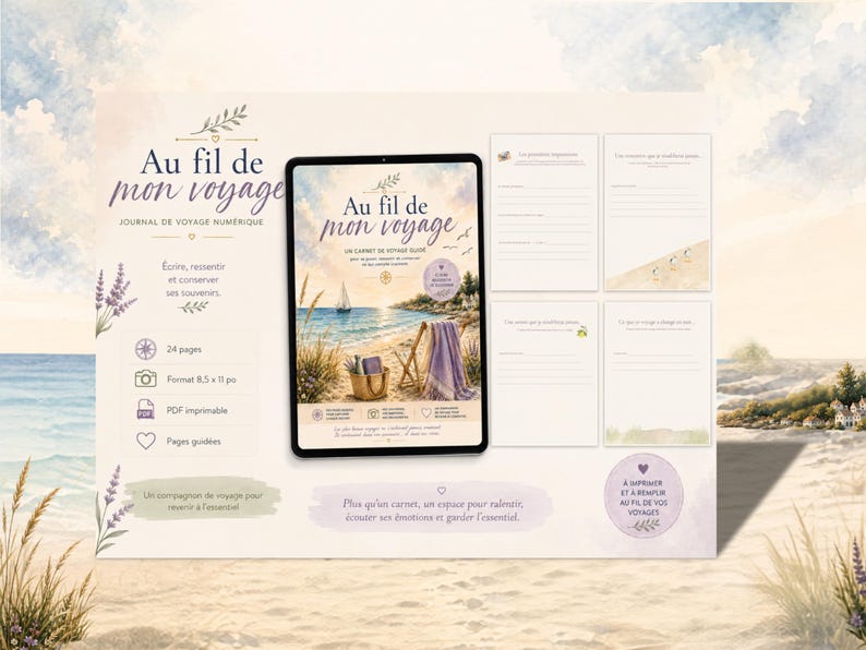 May include: A digital travel journal titled Au fil de mon voyage displayed on a tablet screen, featuring a beach scene with a sailboat, a chair, and a blanket. The layout includes four blank lined pages for notes and icons indicating 24 pages.