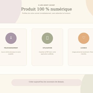 May include: A digital product information graphic with the text A LIRE AVANT L'ACHAT, Produit 100 % num&eacute;rique, T&Eacute;L&Eacute;CHARGEMENT, UTILISATION, LICENCE, and Cr&eacute;er aujourd'hui les souvenirs de demain. It features three icons: a downward arrow, a tablet, and a heart.