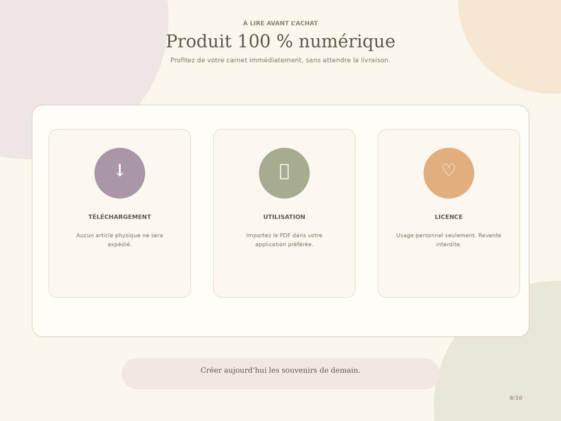 May include: A digital product information graphic with the text A LIRE AVANT L'ACHAT, Produit 100 % num&eacute;rique, T&Eacute;L&Eacute;CHARGEMENT, UTILISATION, LICENCE, and Cr&eacute;er aujourd'hui les souvenirs de demain. It features three icons: a downward arrow, a tablet, and a heart.