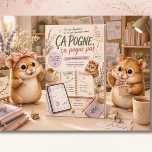 Peut inclure: Un livre intitulé Ça Pogne, ça pogne pas! illustré avec deux hamsters de dessin animé portant des lunettes et des nœuds. La couverture montre un carnet, une tablette, une tasse de café et des motifs floraux. La scène inclut des articles de papeterie comme un stylo, un petit chevalet et un carnet sur un bureau.