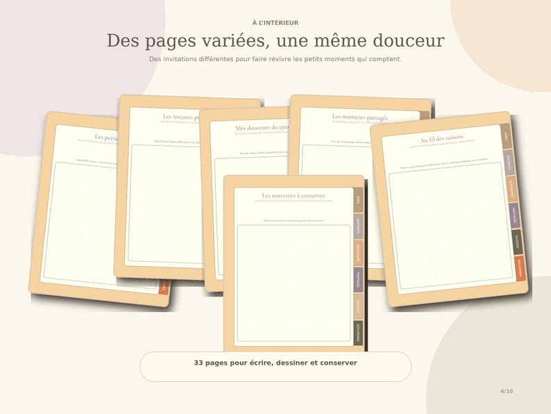 May include: A set of cream-colored journal pages with tan borders and tabbed dividers. The pages feature headers including Les petits, Les instants, Mes desserts, Les moments partag&eacute;s, Au fil des saisons, and Les souvenirs &agrave; conserver, with 33 pages for writing, drawing, and keeping.