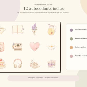 May include: A digital sticker sheet featuring 12 illustrations including a teacup, open book, lavender, lemonade pitcher, candle, camera, heart, sunrise, strawberry cake, headphones, sneakers, and envelopes with the text 12 autocollants inclus.