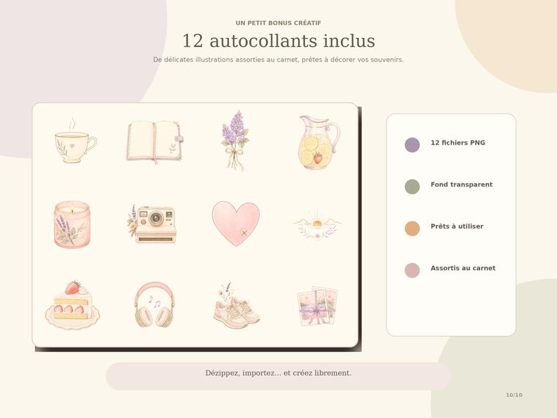 May include: A digital sticker sheet featuring 12 illustrations including a teacup, open book, lavender, lemonade pitcher, candle, camera, heart, sunrise, strawberry cake, headphones, sneakers, and envelopes with the text 12 autocollants inclus.