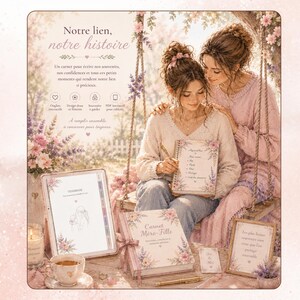 May include: A mother and daughter journal set featuring floral illustrations, including a spiral-bound notebook with the text 'Carnet Mère-Fille', a digital tablet displaying a matching interface, and a framed print with French text, all in soft pastel tones.