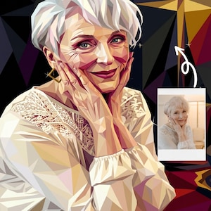 May include: Digital art portrait of a smiling woman with short, white hair. She wears a white blouse with lace detailing and gold earrings. The background features geometric shapes in dark and gold tones. A smaller image is in the bottom right corner.