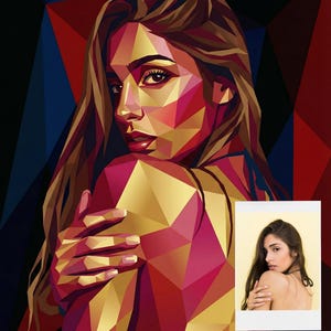 May include: Geometric portrait of a woman with long brown hair, rendered in shades of gold, red, and pink. The artwork features a polygonal style, with a background of red, blue, and black triangles. A smaller photo of the woman is in the lower right corner.