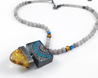 Sterling silver necklace Juratae - handmade graphic in resin, art from Poland, oxidized silver, natural baltic amber