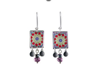 Boucles d’oreilles longues Perle SQ 100% faites à la main de Pologne, bijoux etno boho, boucles d’oreilles colorées, argent sterling et résine, perles naturelles