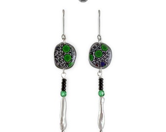 Boucles d'oreilles longues GREENMAN PEARL 100% fait main de Pologne, bijoux etno boho, boucles d'oreilles colorées, argent sterling et résine, boucles d'oreilles longues