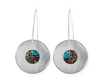 Circles NEW FOLK 3 - long light earrings, resin flower pattern, handmade jewelry