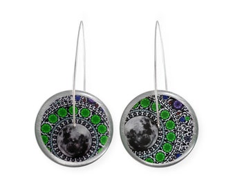 Circles GREEN MOON long earrings, resin flower pattern, handmade jewelry