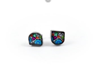 BLUE EYES Sterling silver studs with graphic - handmade, resin, art from Poland, oxidized silver, colorful graphic