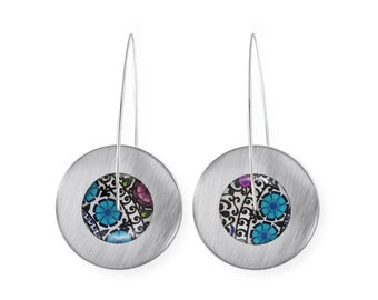 Circles NEW BLUE FOLK long light earrings, resin flower pattern, handmade jewelry
