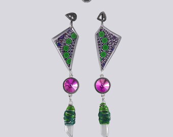 Boucles d'oreilles longues GREEN AMU 100% fait main de Pologne, bijoux hippie etno boho, boucles d'oreilles vert foncé, argent sterling, aluminium et résine