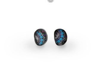 BLUE OVAL Sterling silver studs with graphic - handmade, resin, art from Poland, oxidized silver, colorful graphic