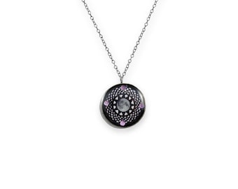 Sterling silver necklace Barrel MOON Mandala - handmade graphic in resin, art from Poland, moon lace graphic, oxidized silver, round pendant